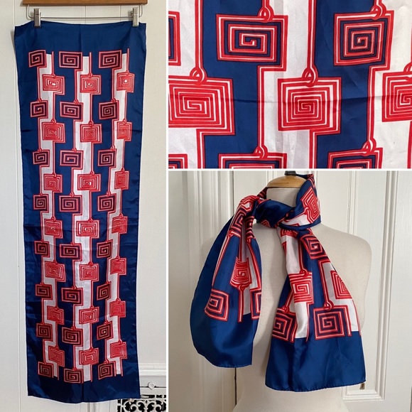 Vintage Accessories - Vintage 70s Sillook Long Scarf Red White & Navy Blue Geometric 15" x 46"